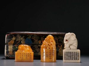 【瓏】寿山石 彫 瑞獣鈕印章3点 清代 徐三庚作 極細工 手彫り 置物擺件 中国古賞物 蔵出