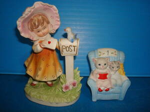 陶器少女人形（ラブレター）＋猫の置物　2点セット　LCT9