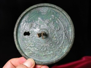B　山吹飛雀文鏡　平安末～鎌倉時代　遺跡発掘品　金工　和鏡　古銅　緑青　