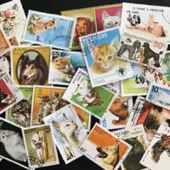 海外ヴィンテージ使用済み切手（犬と猫）ランダム25枚
