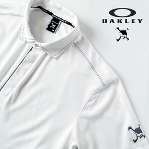 オークリー スカルOAKLEY SKULL 吸汗速乾 ポロシャツ M オフ ホワイト グレー 比翼仕立 半袖 ゴルフ シャツ 