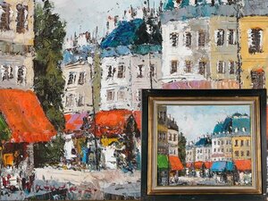 【流】渡部ひでき 油彩画「パリの街角」額 KV271
