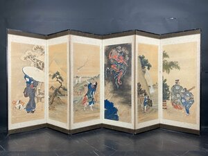 【屏風屋】118t　雪谷 銘 四季山水人物図 中屏風 高さ 約150cm 総重量 約6kg 六曲半双 紙本肉筆 富士 松 雷 風景画 日本画