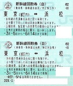 新幹線回数券東京⇔浜松自由席２枚売り。期限２０２４年６月１４日。