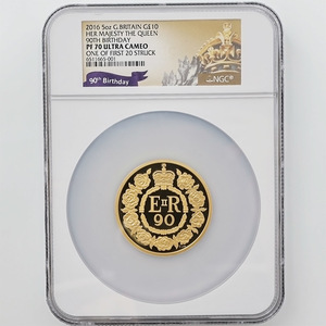 2016 英国 エリザベス2世生誕90周年記念 10ポンド 金貨 5オンス プルーフ NGC PF 70 UC ONE OF FIRST 20 STRUCK 最高鑑定 完全未使用品