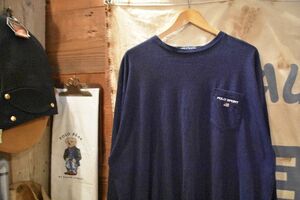 グッドレギュラー◎USA製90sビンテージPOLO SPORTポロスポーツRalphLaurenラルフローレン長袖ポケットＴシャツXLネイビー紺100綿n23414