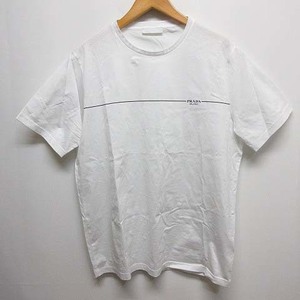 未使用品 プラダ PRADA UJN656 ロゴ ライン プリント 半袖 Tシャツ カットソー L 白 ホワイト クルーネック コットン 国内正規品