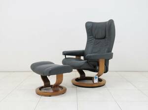 EKORNES エコーネス ストレスレスチェア ウィング Ｍサイズ &オットマン セット 牛本革 グリーン リクライニングチェア シングルソファ