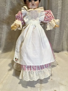 未使用　ビスクドール用ドレス 41cmの人形用　ピナフォア付きヴィンテージストライプドールドレス　