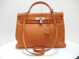 HERMES オレンジ×シルバー金具 ケリー35 内縫い エルメス レディース ハンドバック ショルダーバック中古Hermes Kelly 35 Clemence Orange