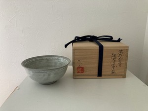 413 粉青 縄簾文茶碗 木人 共布 共箱 茶道具