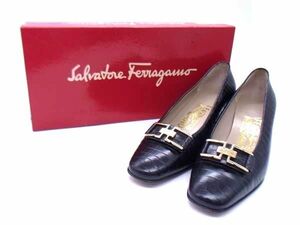 Salvatore Ferragamo フェラガモ クロコダイル型押しレザー ヒール パンプス サイズ4 1/2(約22.0cm) 靴 シューズ ブラック系 DD2746