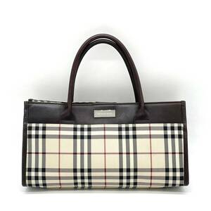 1円 美品 BURBERRY バーバリー ノバチェック ミニトートバッグ ハンドバッグ ベージュ ブラウン キャンバス レザー