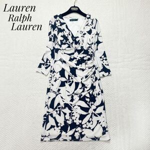 Lauren Ralph Lauren ローレンラルフローレン ロングワンピース ドレス 花柄 総柄 ストレッチ ジャージー ドレープ カシュクール 七分袖 2