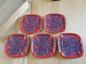 時代　堆朱　山水楼閣文　銘々皿　5枚　茶道具　菓子皿　菓子器　伝統工芸　漆器　ビンテージ　中国　唐物