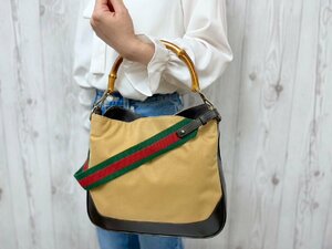 極美品 GUCCI グッチ バンブー シェリーライン ハンドバッグ ショルダーバッグ バッグ レザー×キャンバス 茶系 2WAY 71115