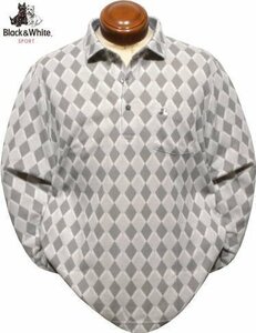 【グレー Lサイズ】 ブラック＆ホワイト 長袖ポロシャツ メンズ BGF9343XC 日本製 吸湿発熱 UVカット 家庭洗濯可 長袖シャツ