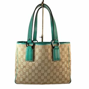 美品　レア色　GUCCI グッチ GGキャンバス レザー手持ち　手提げ　ハンドバッグ　グリーン　1円スタート