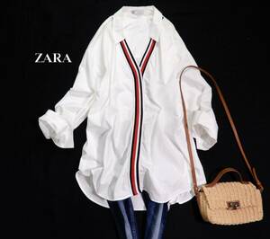 ザラ ZARA TRF 大人素敵スタイル☆ フロントラインテープ スキッパー 比翼 デザインシャツ 羽織にも L