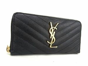 1円 ■極美品■ YVESSAINTLAURENT イヴサンローラン カサンドラ Vステッチ レザー ラウンドファスナー 長財布 ブラック系 AY1647