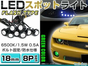 ☆8個セット☆牛目 丸型 デイライト 12V LED 18mm 防水 バック スポット バイク デコ レーション ドレスアップ ☆グリーン☆フラッシュ