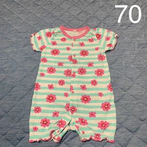 花柄　ボーダー　ピンク×水色　フリル袖襟　ロンパース　カバーオール　70