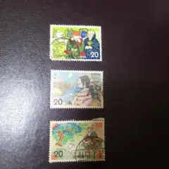 日本昔話シリーズ切手、こぶとり爺さん、つる女房、花さか爺さん