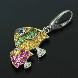 マルチ ペンダントトップ 魚 フィッシュ K18WG ダイヤモンド0.02ct サファイヤ 0.27ct D8891