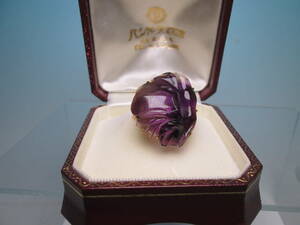 【江月】アンティークジュエリー・K18 アメジスト 葉と実彫刻のリング 11,45g 17号 ケース付 紫水晶