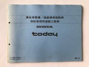 HONDA　today　事故車整備／塗装標準指数表　保証修理用塗装工数表　E-JA4型　E-JA5型　1996年2月　　TM8176