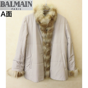 ●新品店頭展示品 バルマン リバーシブル 100%シルクコート ブルーフォックス 9号 Mサイズ フリーサイズBALMAIN ベージュ 中綿 ジャケット 