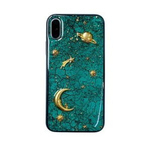 iPhoneケース　宇宙　惑星　月　大理石調　キラキラ　金粉　緑　iPhone7/8/SE2/SE3