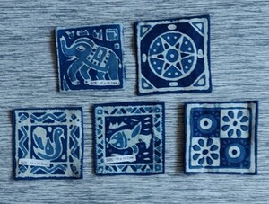 アジアン雑貨 インド製 藍染めプリントコースター (柄いろいろ 3) ５枚