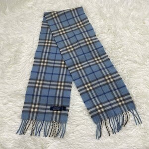 1円～　A-4　60　BURBERRY　LONDON　バーバリー　マフラー　ブルー　ノバチェック　カシミヤ　フリンジ　