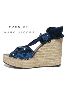 美品【MARC BY MARC JACOBS】レースアップ ウェッジサンダル(40)マークジェイコブス スパンコール ネイビー①