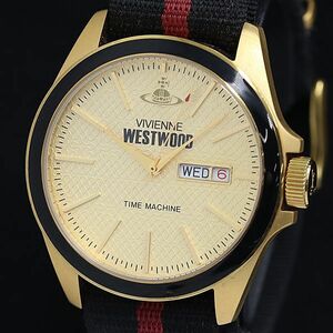 1円 箱付 稼動 良品 ヴィヴィアンウエストウッド VV068GDBK QZ 黄色文字盤 デイデイト メンズ腕時計 KTR 2000000 5NBG1