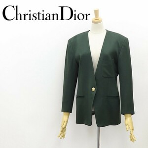 ヴィンテージ◆Christian Dior SPORTS クリスチャン ディオール 金釦 ノーカラー ジャケット ダークグリーン S