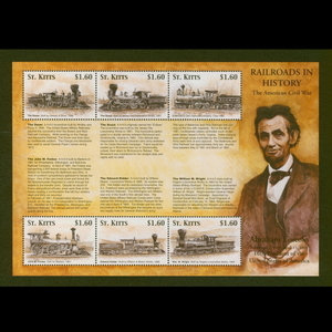 ■セントクリストファー切手　アメリカ鉄道の歴史 / 機関車 / リンカーン大統領 / 南北戦争　6種シート