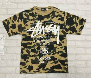 ■ A BATHING APE × STUSSY アベイシングエイプ ステューシー 30周年記念 サル 迷彩柄 カモ ワールドツアー Tシャツ 半袖 S ●0614