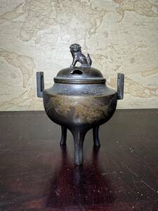 中国美術 底款 古銅製 金象嵌饕餮紋香炉 双耳三足香炉 中国古玩 唐物 茶道具 香道具 銅器