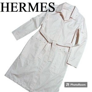 美品 2022 HERMES エルメス スタッズ シャツ ワンピース スプリングコート 36 ピンク セリエボタン