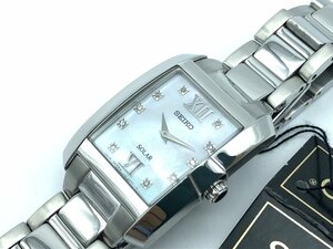 女性用 セイコー 腕時計 海外版 １０個のダイヤモンド付 パールカラー 角型 ソーラー SUP377