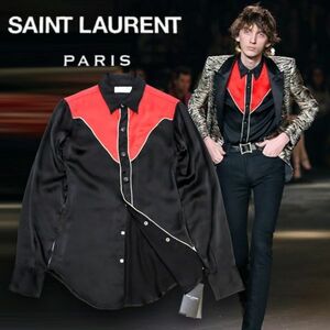 未使用16AW SAINT LAURENT PARIS エディ期 シルク100％ 長袖ウエスタンシャツ 433701 サンローランパリ ロカビリー バイカラー XS JZ-12