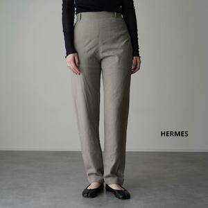 HERMES エルメス トラウザーズパンツ スラックス ウール テーパード ハイウエスト フルレングス ベルトループあり 薄手 ライトグレー 38