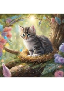 子猫　花　木漏れ日　ねこ　イラスト 絵画　絵　インテリア　Ｌ版プリント ★NO102