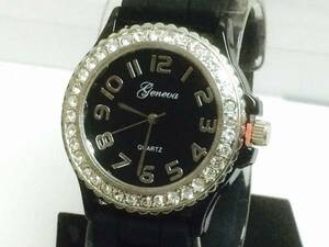 ★GENEVA ジェネーバ 腕時計 おしゃれ クォーツは日本製 シリコンベルト ストーン 黒 LA仕入れ 男女共用 新品