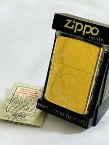 〇館P95 未使用 Zippo ジッポー ロゴ WORKS ALWAYS OR ZIPPO WILL FIX FREE ゴールドカラー オイルライター 