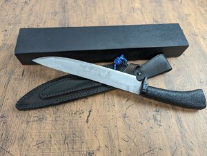 ○M841/佐治武士/ 野さばき + 小刀セット/ダマスカス/レザーシース　ケース・箱付　シースナイフ/1円～