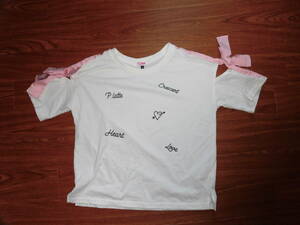 ピンクラテ★白ピンクリボンの半袖Tシャツ★Ｓ、160