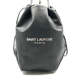 美品 SAINT LAURENT サンローラン ロゴ テディ 巾着 レザー チェーン ショルダー バッグ ポーチ付 グレー a2971